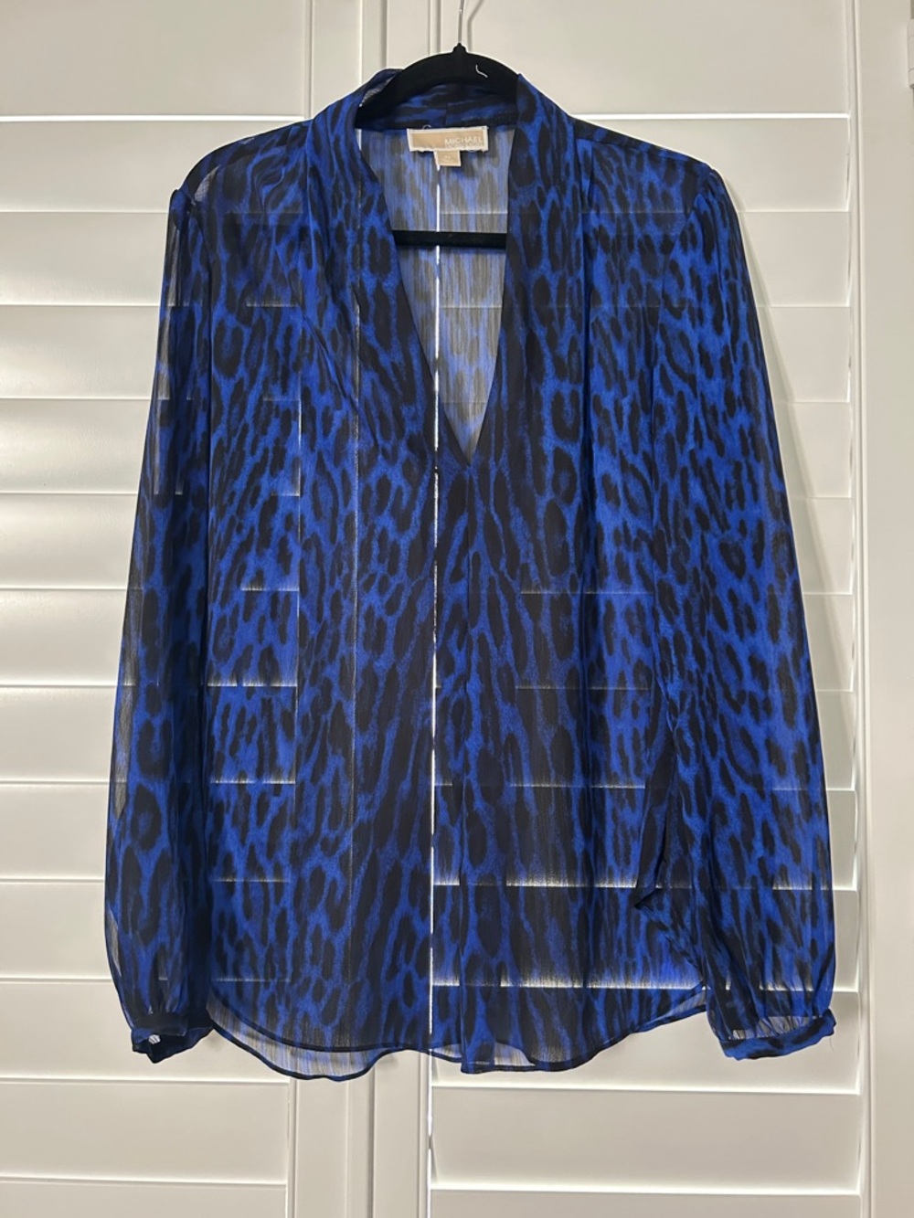 MICHAEL Michael Kors Blue and Black Leopard-Print Sheer Blouse